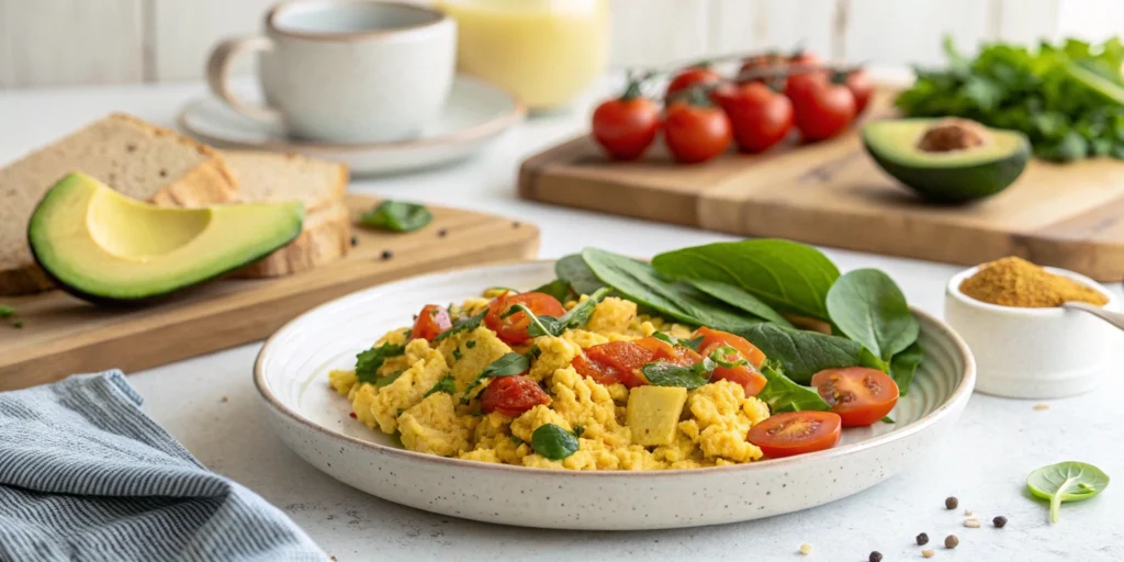 A close-up of a super eggy vegan tofu scramble served on a white plate, garnished with herbs and vegetables. The tofu looks fluffy, golden, and delicious a perfect high-protein plant-based breakfast