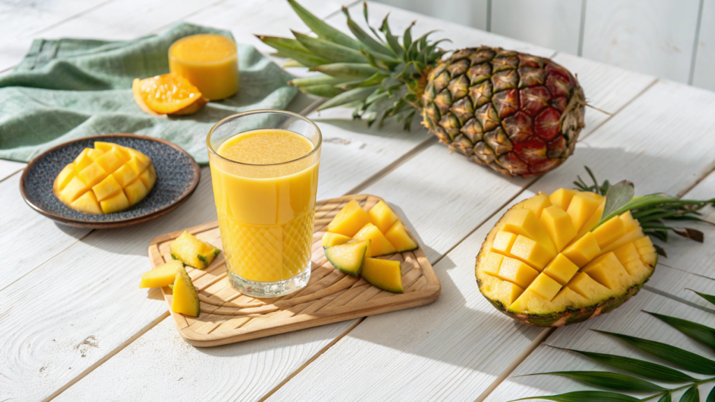 Bright tropical mango pineapple vegan juice in a glass with fresh fruit on a wooden table, healthy plant-based drink perfect for summer or detox