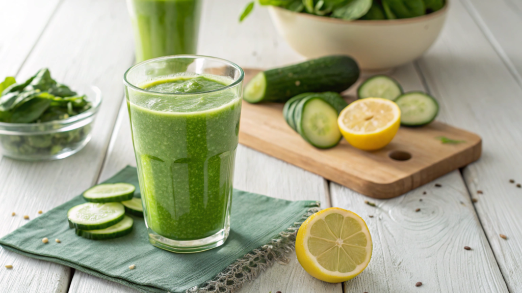 Vibrant green detox smoothie in a glass with fresh spinach, cucumber, and lemon, served on a wooden table. Healthy, plant-based, quick 5-minute recipe perfect for boosting energy
